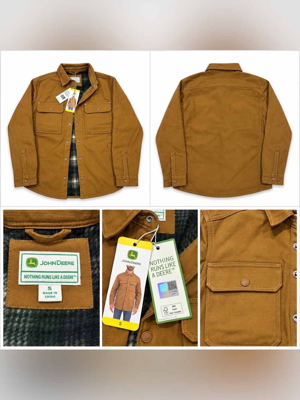 John Deere Tan Canvas Jean Jacket with Plaid Lining small